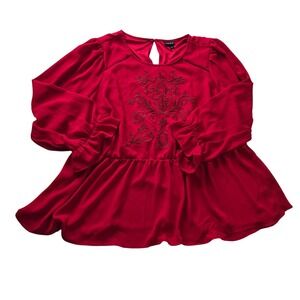 Torrid Red Peplum Sheer Boho Blouse Balloon Slve Rffle Cuff Sz 1 Plus Embroidery
